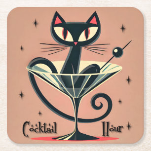Atomic Futuristic Space Age Black Cat Martini Kartonnen Onderzetters