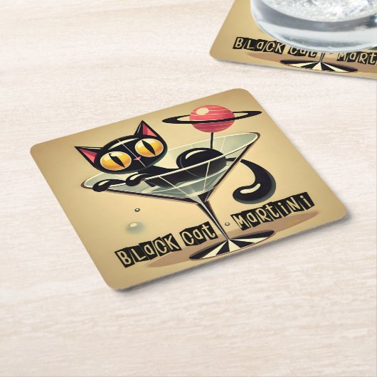 Atomic Futuristic Space Age Black Cat Martini Kartonnen Onderzetters (Schuin)