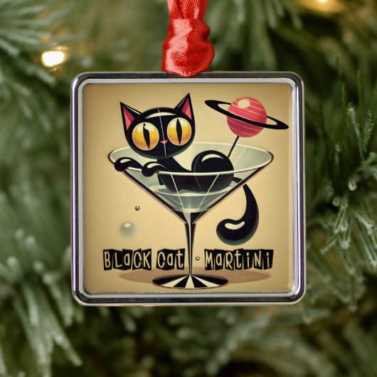 Atomic Futuristic Space Age Black Cat Martini Metalen Ornament (Boom)