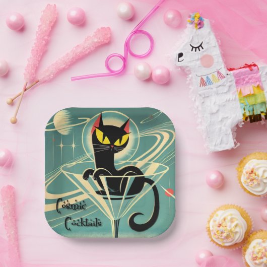 Atomic Futuristic Space Age Black Cat Martini Papieren Bordje (Feest)