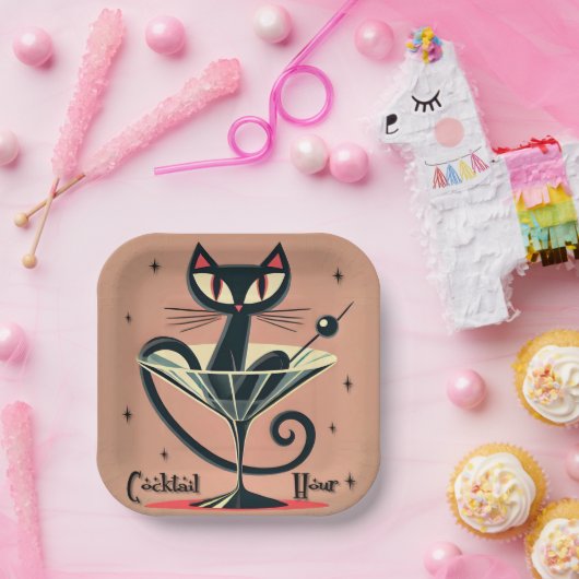 Atomic Futuristic Space Age Black Cat Martini Papieren Bordje (Feest)