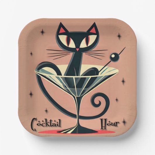 Atomic Futuristic Space Age Black Cat Martini Papieren Bordje (Voorkant)