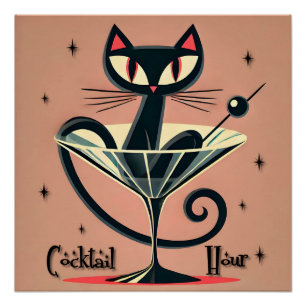 Atomic Futuristic Space Age Black Cat Martini Perfect Poster