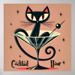 Atomic Futuristic Space Age Black Cat Martini Poster