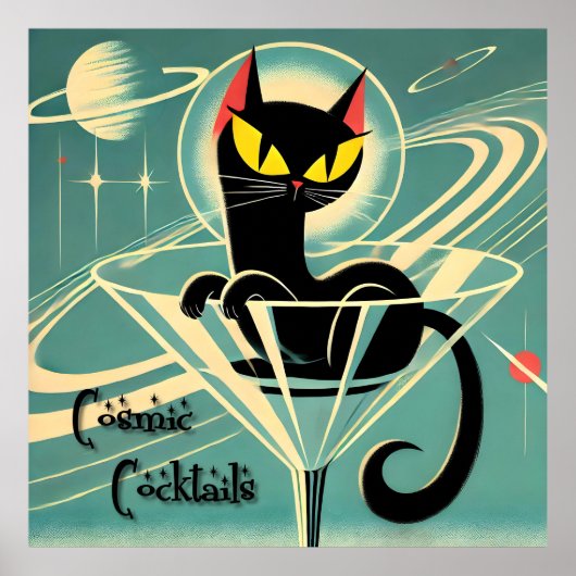 Atomic Futuristic Space Age Black Cat Martini Poster (Voorkant)