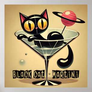 Atomic Futuristic Space Age Black Cat Martini Poster