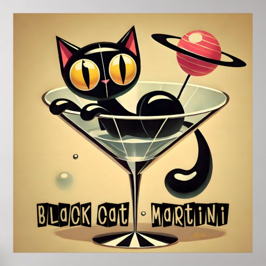 Atomic Futuristic Space Age Black Cat Martini Poster (Voorkant)