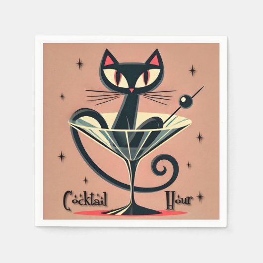 Atomic Futuristic Space Age Black Cat Martini Servet (Voorkant)