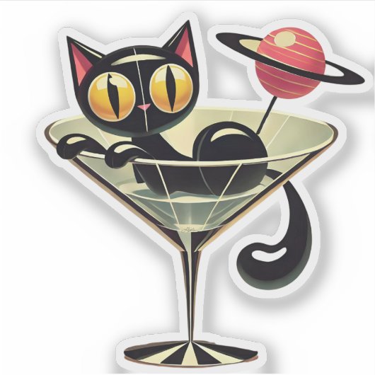 Atomic Futuristic Space Age Black Cat Martini Sticker (Voorkant)