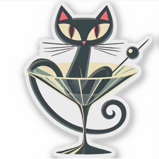 Atomic Futuristic Space Age Black Cat Martini Sticker (Voorkant)