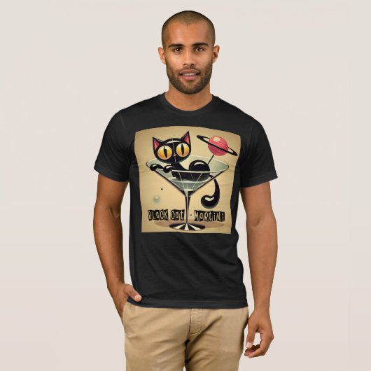 Atomic Futuristic Space Age Black Cat Martini T-shirt (Voorkant volledig)