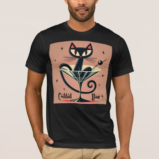 Atomic Futuristic Space Age Black Cat Martini T-shirt (Voorkant)