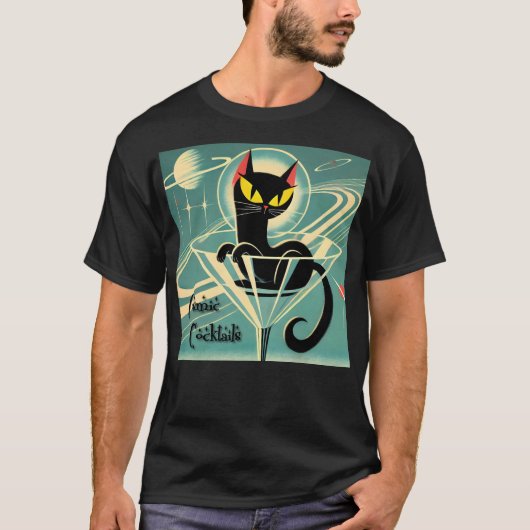 Atomic Futuristic Space Age Black Cat Martini T-shirt (Voorkant)