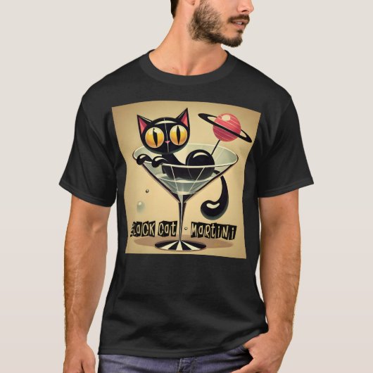 Atomic Futuristic Space Age Black Cat Martini T-shirt (Voorkant)