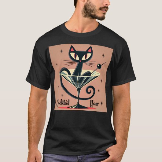 Atomic Futuristic Space Age Black Cat Martini T-shirt (Voorkant)