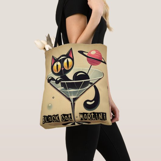 Atomic Futuristic Space Age Black Cat Martini Tote Bag (Dichtbij)