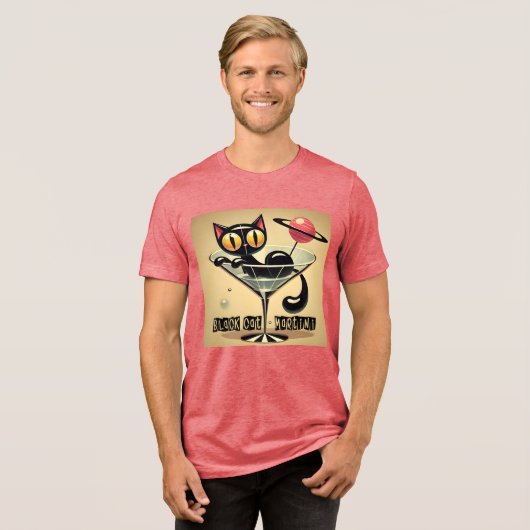 Atomic Futuristic Space Age Black Cat Martini Tri-Blend Shirt (Voorkant volledig)