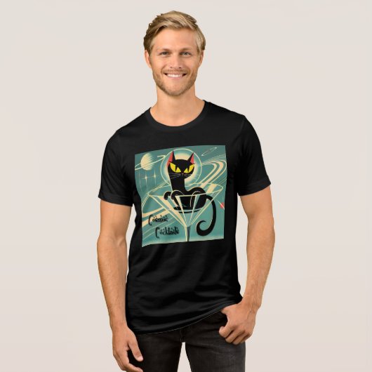 Atomic Futuristic Space Age Black Cat Martini Tri-Blend Shirt (Voorkant volledig)