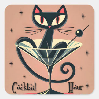 Atomic Futuristic Space Age Black Cat Martini Vierkante Sticker