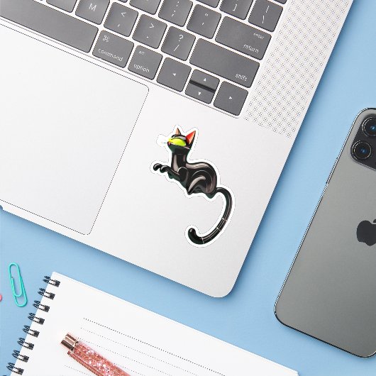 Atomic Futuristic Space Age Black Cat Sticker (Laptop met iPhone)