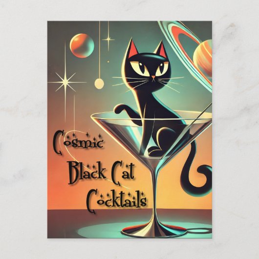Atomic futuristische kosmische zwarte kat cocktail briefkaart (Voorkant)