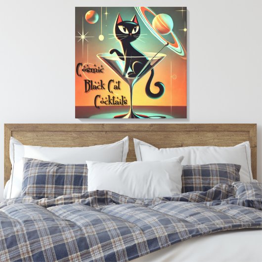 Atomic futuristische kosmische zwarte kat cocktail canvas afdruk (Insitu (Slaapkamer))