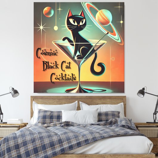 Atomic futuristische kosmische zwarte kat cocktail canvas afdruk (Insitu (Slaapkamer))