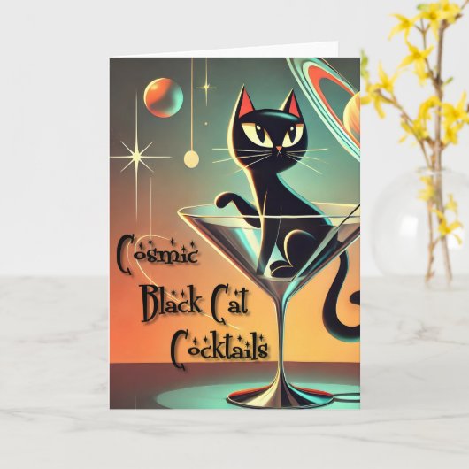 Atomic futuristische kosmische zwarte kat cocktail kaart (Gele Bloem)