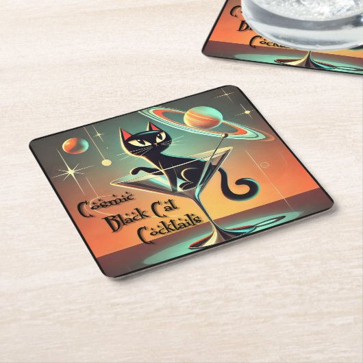 Atomic futuristische kosmische zwarte kat cocktail kartonnen onderzetters (Schuin)