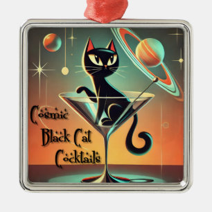 Atomic futuristische kosmische zwarte kat cocktail metalen ornament
