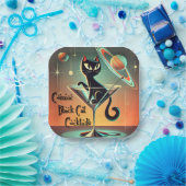 Atomic futuristische kosmische zwarte kat cocktail papieren bordje (Feest)