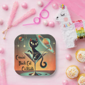 Atomic futuristische kosmische zwarte kat cocktail papieren bordje (Feest)