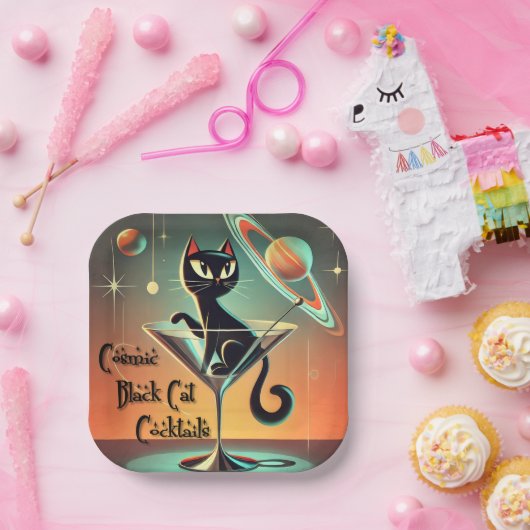 Atomic futuristische kosmische zwarte kat cocktail papieren bordje (Feest)