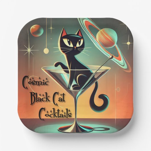 Atomic futuristische kosmische zwarte kat cocktail papieren bordje (Voorkant)