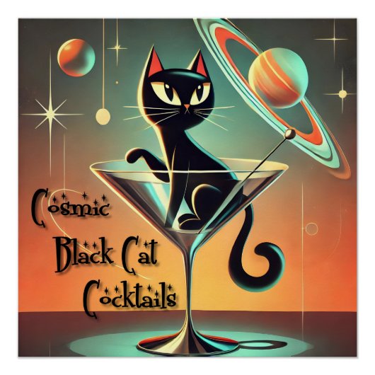 Atomic futuristische kosmische zwarte kat cocktail perfect poster (Voorkant)
