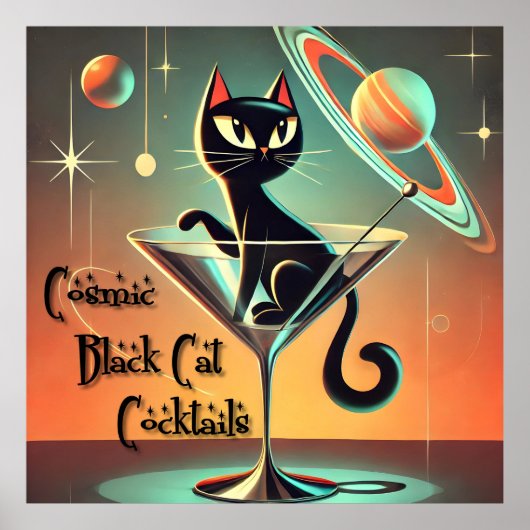 Atomic futuristische kosmische zwarte kat cocktail poster (Voorkant)