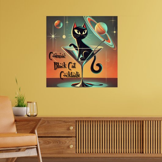 Atomic futuristische kosmische zwarte kat cocktail poster (Woonkamer 2)