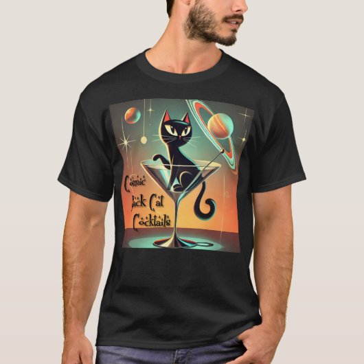 Atomic futuristische kosmische zwarte kat cocktail t-shirt (Voorkant)