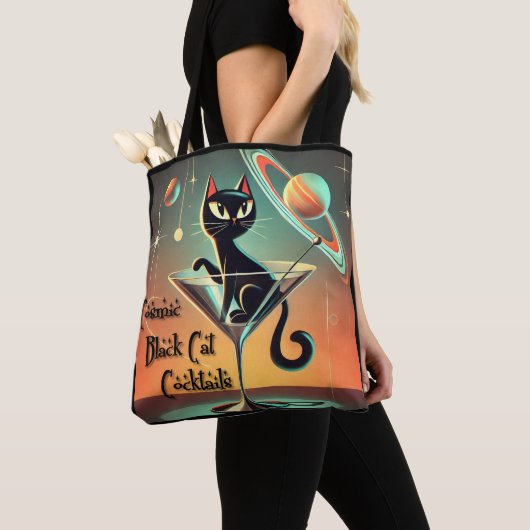 Atomic futuristische kosmische zwarte kat cocktail tote bag (Dichtbij)