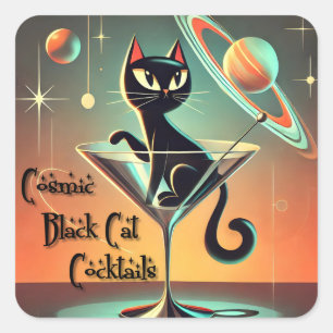 Atomic futuristische kosmische zwarte kat cocktail vierkante sticker