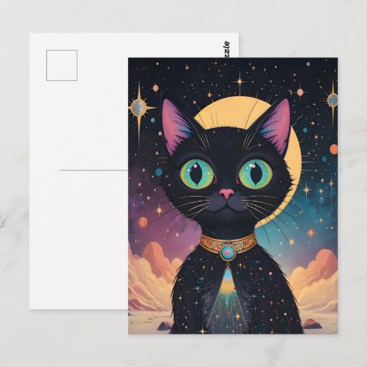 Atomic futuristische kosmische zwarte kat in het m briefkaart (Voorkant / Achterkant)