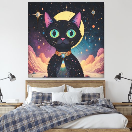 Atomic futuristische kosmische zwarte kat in het m canvas afdruk (Insitu (Slaapkamer))