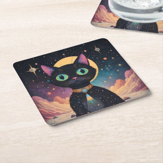 Atomic futuristische kosmische zwarte kat in het m kartonnen onderzetters (Schuin)