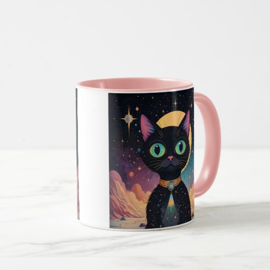 Atomic futuristische kosmische zwarte kat in het m mok (Voorkant rechts)
