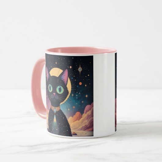 Atomic futuristische kosmische zwarte kat in het m mok (Voorkant links)