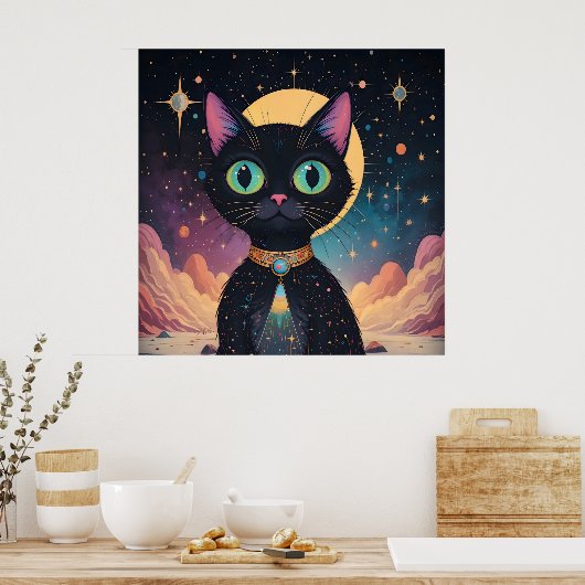 Atomic futuristische kosmische zwarte kat in het m poster (Keuken)