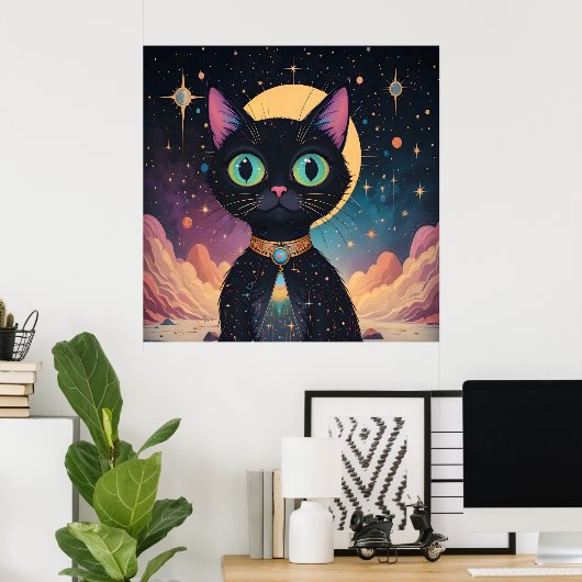 Atomic futuristische kosmische zwarte kat in het m poster (Thuiskantoor)