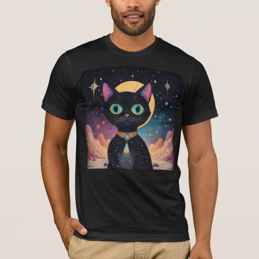 Atomic futuristische kosmische zwarte kat in het m t-shirt (Voorkant)