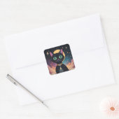 Atomic futuristische kosmische zwarte kat in het m vierkante sticker (Envelop)