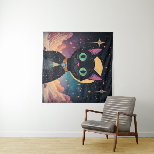 Atomic futuristische kosmische zwarte kat in het m wandkleed (In Situ (horizontaal))